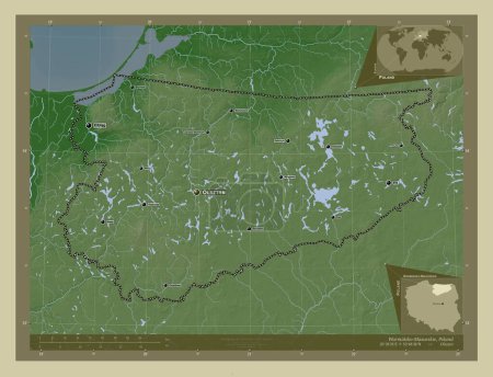 Foto de Warminsko-Mazurskie, voivodeship|province of Poland. Elevation map colored in wiki style with lakes and rivers. Locations and names of major cities of the region. Corner auxiliary location maps - Imagen libre de derechos