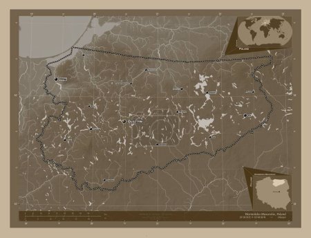 Photo for Warminsko-Mazurskie, voivodeship|province of Poland. Elevation map colored in sepia tones with lakes and rivers. Locations and names of major cities of the region. Corner auxiliary location maps - Royalty Free Image