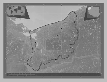 Téléchargez les photos : Zachodniopomorskie, voivodeship|province of Poland. Grayscale elevation map with lakes and rivers. Locations of major cities of the region. Corner auxiliary location maps - en image libre de droit