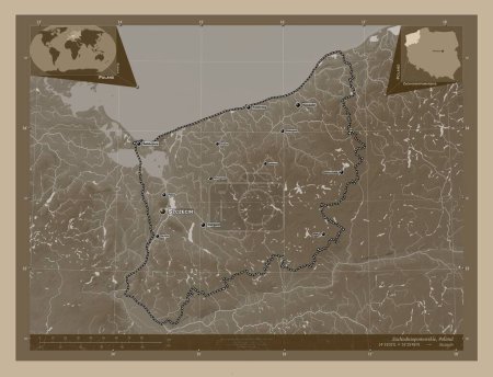 Photo for Zachodniopomorskie, voivodeship|province of Poland. Elevation map colored in sepia tones with lakes and rivers. Locations and names of major cities of the region. Corner auxiliary location maps - Royalty Free Image
