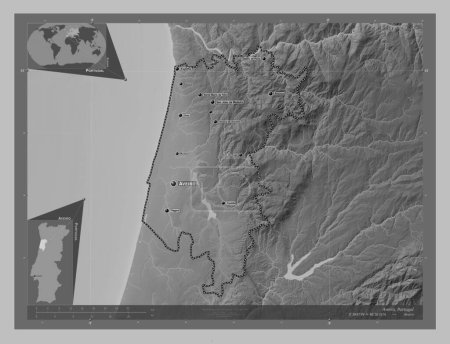 Photo for Aveiro, district of Portugal. Grayscale elevation map with lakes and rivers. Locations and names of major cities of the region. Corner auxiliary location maps - Royalty Free Image