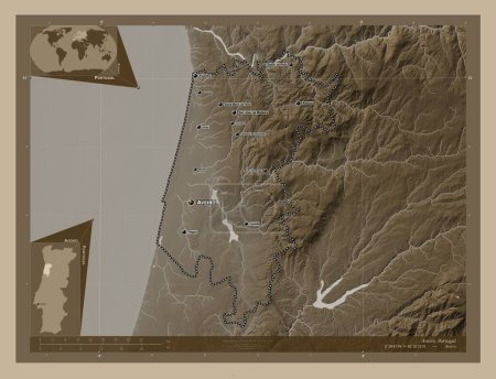 Téléchargez les photos : Aveiro, district of Portugal. Elevation map colored in sepia tones with lakes and rivers. Locations and names of major cities of the region. Corner auxiliary location maps - en image libre de droit