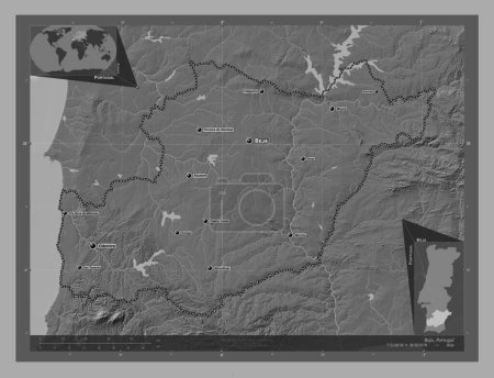 Téléchargez les photos : Beja, district of Portugal. Bilevel elevation map with lakes and rivers. Locations and names of major cities of the region. Corner auxiliary location maps - en image libre de droit
