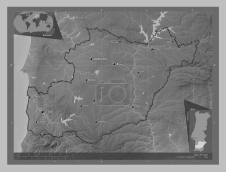 Téléchargez les photos : Beja, district of Portugal. Grayscale elevation map with lakes and rivers. Locations and names of major cities of the region. Corner auxiliary location maps - en image libre de droit