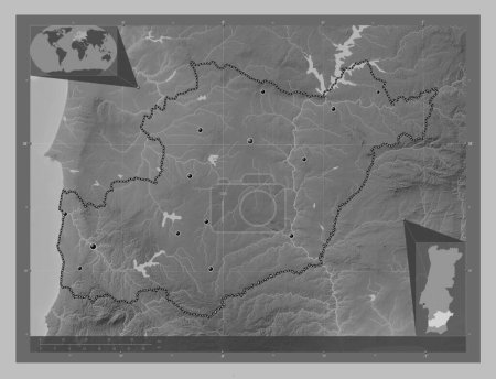 Téléchargez les photos : Beja, district of Portugal. Grayscale elevation map with lakes and rivers. Locations of major cities of the region. Corner auxiliary location maps - en image libre de droit