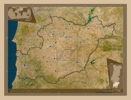 Téléchargez les photos : Beja, district of Portugal. Low resolution satellite map. Locations and names of major cities of the region. Corner auxiliary location maps - en image libre de droit