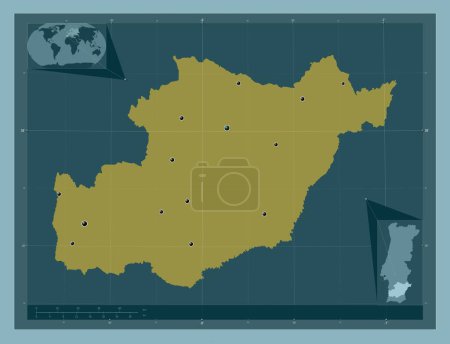 Photo for Beja, district of Portugal. Solid color shape. Locations of major cities of the region. Corner auxiliary location maps - Royalty Free Image