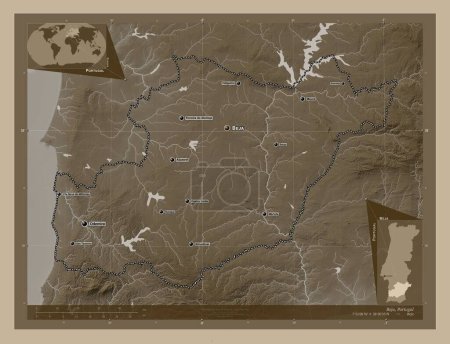 Photo for Beja, district of Portugal. Elevation map colored in sepia tones with lakes and rivers. Locations and names of major cities of the region. Corner auxiliary location maps - Royalty Free Image