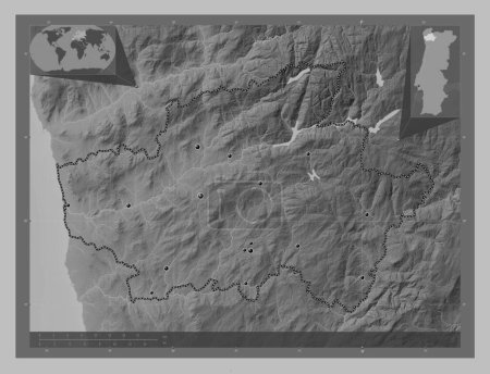 Téléchargez les photos : Braga, district of Portugal. Grayscale elevation map with lakes and rivers. Locations of major cities of the region. Corner auxiliary location maps - en image libre de droit