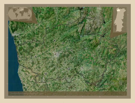 Téléchargez les photos : Braga, district of Portugal. High resolution satellite map. Locations of major cities of the region. Corner auxiliary location maps - en image libre de droit