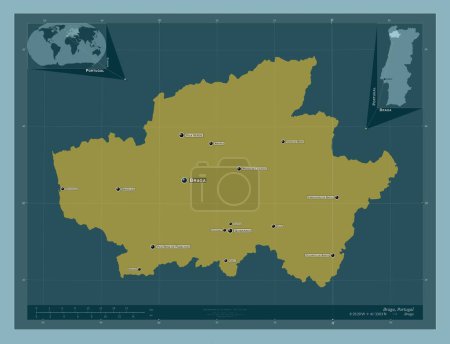 Téléchargez les photos : Braga, district of Portugal. Solid color shape. Locations and names of major cities of the region. Corner auxiliary location maps - en image libre de droit