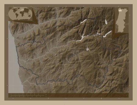 Téléchargez les photos : Braga, district of Portugal. Elevation map colored in sepia tones with lakes and rivers. Corner auxiliary location maps - en image libre de droit