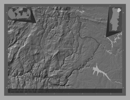 Téléchargez les photos : Braganca, district of Portugal. Bilevel elevation map with lakes and rivers. Corner auxiliary location maps - en image libre de droit