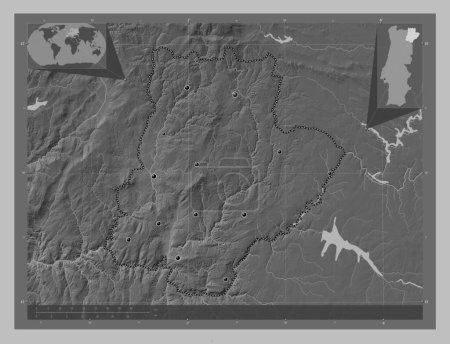 Téléchargez les photos : Braganca, district of Portugal. Grayscale elevation map with lakes and rivers. Locations of major cities of the region. Corner auxiliary location maps - en image libre de droit