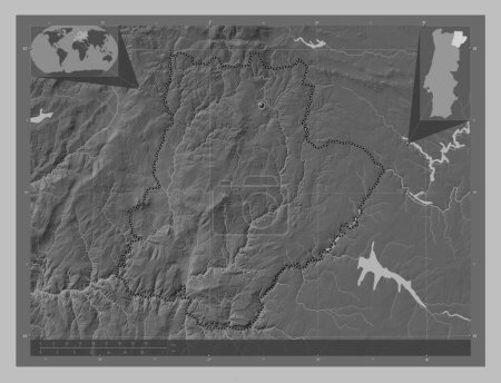 Téléchargez les photos : Braganca, district of Portugal. Grayscale elevation map with lakes and rivers. Corner auxiliary location maps - en image libre de droit