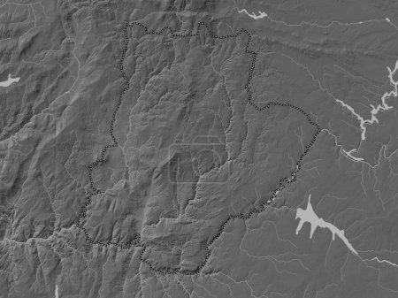 Téléchargez les photos : Braganca, district of Portugal. Grayscale elevation map with lakes and rivers - en image libre de droit