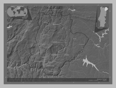 Téléchargez les photos : Braganca, district of Portugal. Grayscale elevation map with lakes and rivers. Locations and names of major cities of the region. Corner auxiliary location maps - en image libre de droit