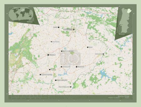 Téléchargez les photos : Braganca, district of Portugal. Open Street Map. Locations and names of major cities of the region. Corner auxiliary location maps - en image libre de droit