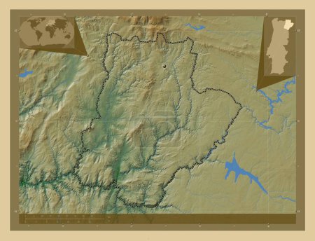 Téléchargez les photos : Braganca, district of Portugal. Colored elevation map with lakes and rivers. Corner auxiliary location maps - en image libre de droit