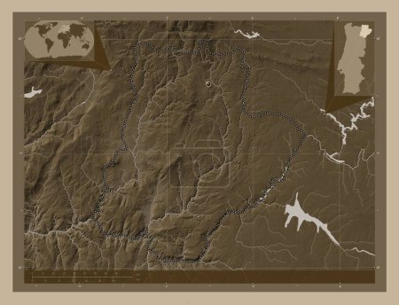 Foto de Braganca, district of Portugal. Elevation map colored in sepia tones with lakes and rivers. Corner auxiliary location maps - Imagen libre de derechos