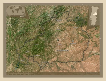 Téléchargez les photos : Castelo Branco, district of Portugal. High resolution satellite map. Locations and names of major cities of the region. Corner auxiliary location maps - en image libre de droit