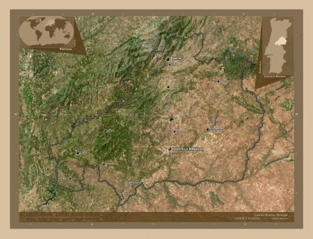 Téléchargez les photos : Castelo Branco, district of Portugal. Low resolution satellite map. Locations and names of major cities of the region. Corner auxiliary location maps - en image libre de droit