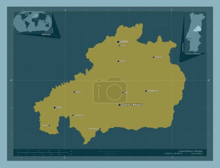Photo for Castelo Branco, district of Portugal. Solid color shape. Locations and names of major cities of the region. Corner auxiliary location maps - Royalty Free Image