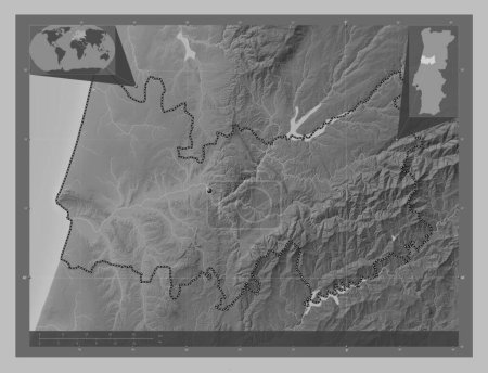 Téléchargez les photos : Coimbra, district of Portugal. Grayscale elevation map with lakes and rivers. Corner auxiliary location maps - en image libre de droit