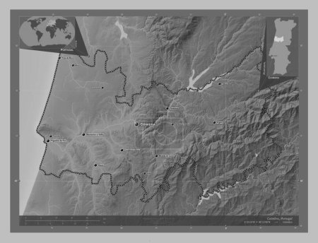 Téléchargez les photos : Coimbra, district of Portugal. Grayscale elevation map with lakes and rivers. Locations and names of major cities of the region. Corner auxiliary location maps - en image libre de droit