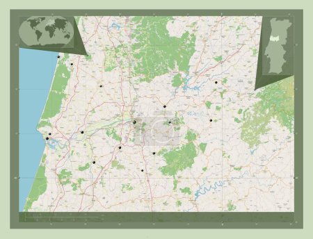 Téléchargez les photos : Coimbra, district of Portugal. Open Street Map. Locations of major cities of the region. Corner auxiliary location maps - en image libre de droit