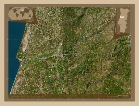 Téléchargez les photos : Coimbra, district of Portugal. Low resolution satellite map. Locations and names of major cities of the region. Corner auxiliary location maps - en image libre de droit