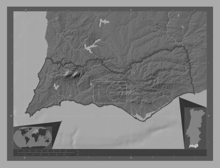 Téléchargez les photos : Faro, district of Portugal. Bilevel elevation map with lakes and rivers. Corner auxiliary location maps - en image libre de droit