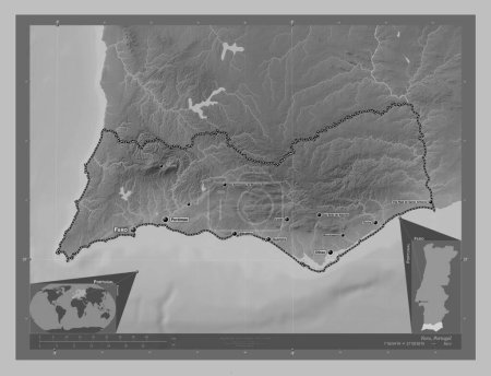 Téléchargez les photos : Faro, district of Portugal. Grayscale elevation map with lakes and rivers. Locations and names of major cities of the region. Corner auxiliary location maps - en image libre de droit