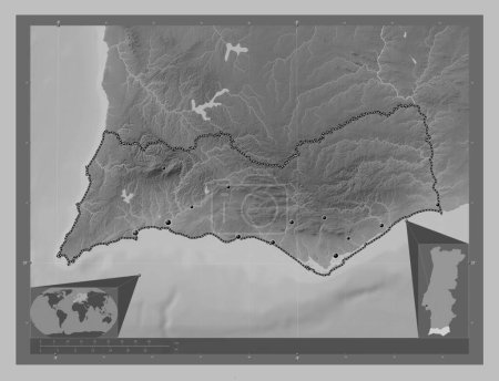 Téléchargez les photos : Faro, district of Portugal. Grayscale elevation map with lakes and rivers. Locations of major cities of the region. Corner auxiliary location maps - en image libre de droit