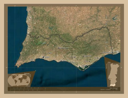 Foto de Faro, district of Portugal. Low resolution satellite map. Locations and names of major cities of the region. Corner auxiliary location maps - Imagen libre de derechos