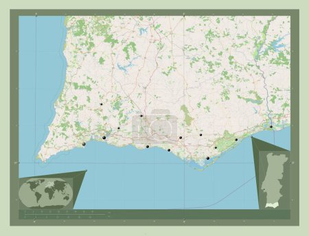 Téléchargez les photos : Faro, district of Portugal. Open Street Map. Locations of major cities of the region. Corner auxiliary location maps - en image libre de droit
