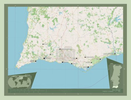 Foto de Faro, district of Portugal. Open Street Map. Locations and names of major cities of the region. Corner auxiliary location maps - Imagen libre de derechos