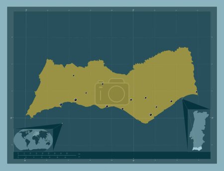Téléchargez les photos : Faro, district of Portugal. Solid color shape. Locations of major cities of the region. Corner auxiliary location maps - en image libre de droit