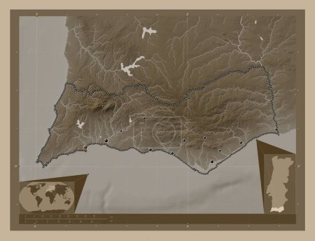 Foto de Faro, district of Portugal. Elevation map colored in sepia tones with lakes and rivers. Locations of major cities of the region. Corner auxiliary location maps - Imagen libre de derechos