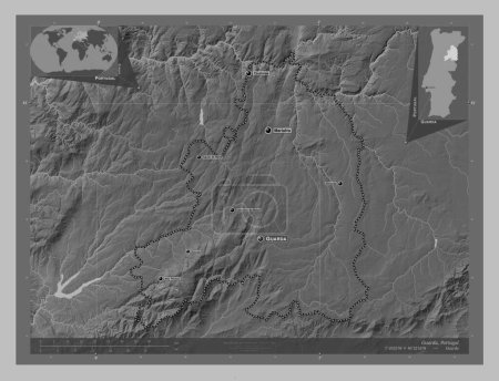 Téléchargez les photos : Guarda, district of Portugal. Grayscale elevation map with lakes and rivers. Locations and names of major cities of the region. Corner auxiliary location maps - en image libre de droit