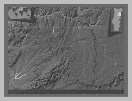 Téléchargez les photos : Guarda, district of Portugal. Grayscale elevation map with lakes and rivers. Corner auxiliary location maps - en image libre de droit
