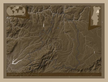 Photo for Guarda, district of Portugal. Elevation map colored in sepia tones with lakes and rivers. Locations of major cities of the region. Corner auxiliary location maps - Royalty Free Image