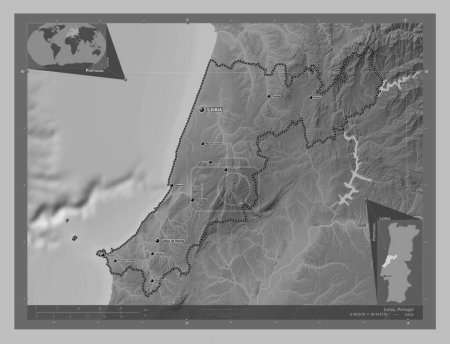 Photo for Leiria, district of Portugal. Grayscale elevation map with lakes and rivers. Locations and names of major cities of the region. Corner auxiliary location maps - Royalty Free Image