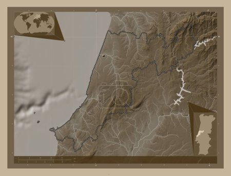 Téléchargez les photos : Leiria, district of Portugal. Elevation map colored in sepia tones with lakes and rivers. Corner auxiliary location maps - en image libre de droit