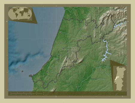 Photo for Leiria, district of Portugal. Elevation map colored in wiki style with lakes and rivers. Locations of major cities of the region. Corner auxiliary location maps - Royalty Free Image