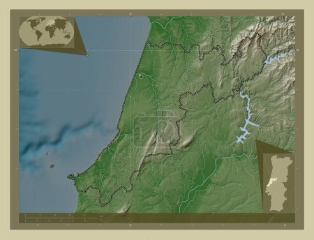 Photo for Leiria, district of Portugal. Elevation map colored in wiki style with lakes and rivers. Corner auxiliary location maps - Royalty Free Image
