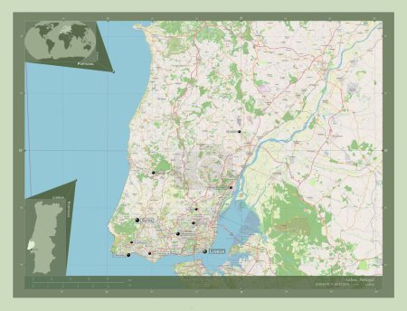 Téléchargez les photos : Lisboa, district of Portugal. Open Street Map. Locations and names of major cities of the region. Corner auxiliary location maps - en image libre de droit