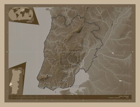 Photo for Lisboa, district of Portugal. Elevation map colored in sepia tones with lakes and rivers. Locations and names of major cities of the region. Corner auxiliary location maps - Royalty Free Image
