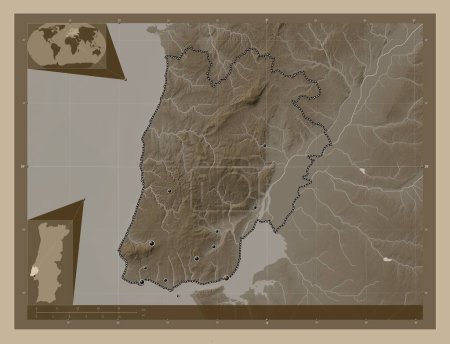 Téléchargez les photos : Lisboa, district of Portugal. Elevation map colored in sepia tones with lakes and rivers. Locations of major cities of the region. Corner auxiliary location maps - en image libre de droit
