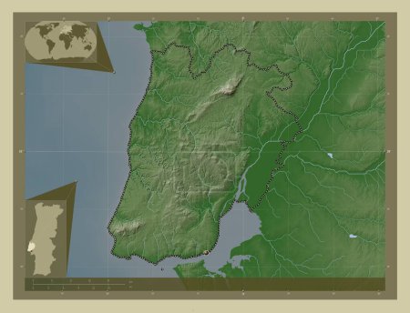 Téléchargez les photos : Lisboa, district of Portugal. Elevation map colored in wiki style with lakes and rivers. Corner auxiliary location maps - en image libre de droit